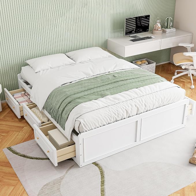 Merax Wood Queen Size Platform Bed Frame with 6 Drawers, Storage Bed Frame Without Headboard for Kids Teens and Adults, White