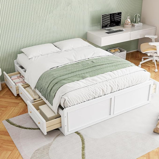 Merax Wood Queen Size Platform Bed Frame with 6 Drawers, Storage Bed Frame Without Headboard for Kids Teens and Adults, White