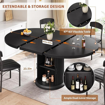 Jocoevol 47″–63″ Extendable Round Dining Table for 4–8 with Dust-Proof 2-Tier Storage Shelf Space Saving Expandable Wood Oval Circle Dinner Furniture with Pedestal Base (Black)