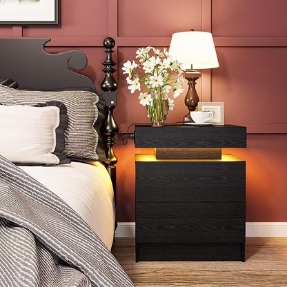 LIKIMIO Nightstand with Charging Station LED Light and 2 Drawers Black | bedside table; end table; charging station; LED light; 2 drawers; black wood grain; small spaces