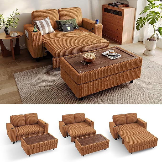 LINSY HOME Sectional Sleeper Sofa with Pull Out Couch Bed for Living Room (Brown) | Plush Corduroy