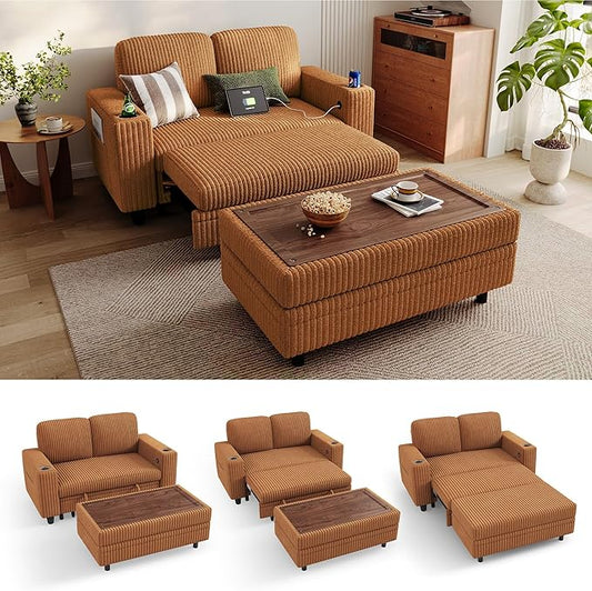 LINSY HOME Sectional Sleeper Sofa with Pull Out Couch Bed for Living Room (Brown) | Plush Corduroy