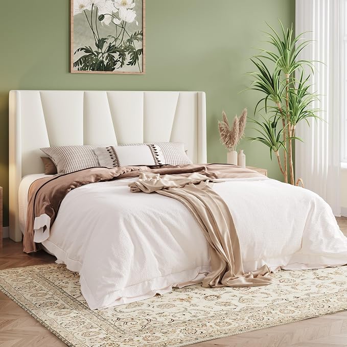 Allewie Full Size Platform Velvet Bed Frame with Geometric Wingback Headboard, Boho Upholstered Bed with Wooden Slats Support, No Box Spring Needed, Easy Assembly, Cream
