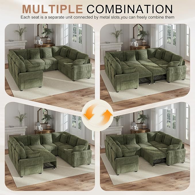 Hanherry Sectional Sofa with Pull Out Couch Bed,Corduroy Sleeper Sofa with 2 Seat Storage & USB Charging,Comfy Modular Couches for Living Room,Apartment