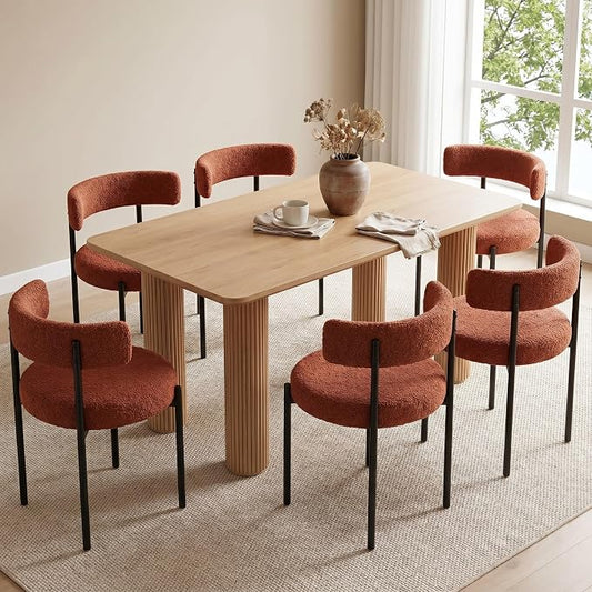 Boucle Dining Chairs Set of 6, Rust Dining Chairs with Upholstered Seat and Round Back, Mid-Century Modern Kitchen Chairs for Dining Room, Restaurant