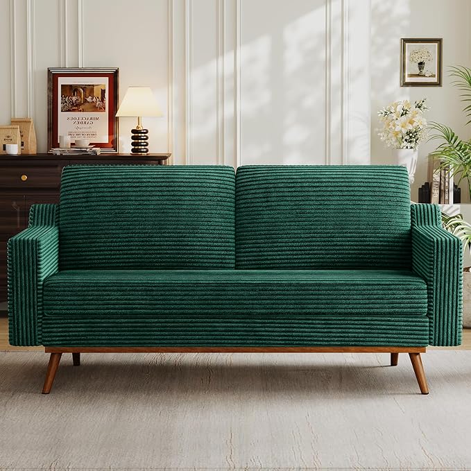 Vipbear 65.4" Loveseat Sofa,Mid-Century Modern Small Couches for Living Room, Bedroom, Office,Comfy Forest Green Corduroy Couch with Spring Cushion, Solid Wood Frame, Tool-Free Assembly