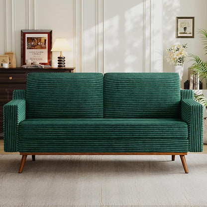 Vipbear 65.4" Loveseat Sofa,Mid-Century Modern Small Couches for Living Room, Bedroom, Office,Comfy Forest Green Corduroy Couch with Spring Cushion, Solid Wood Frame, Tool-Free Assembly