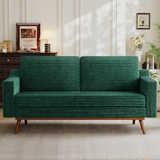 Vipbear 65.4" Loveseat Sofa,Mid-Century Modern Small Couches for Living Room, Bedroom, Office,Comfy Forest Green Corduroy Couch with Spring Cushion, Solid Wood Frame, Tool-Free Assembly