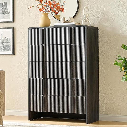 AMERLIFE Fluted 5 Drawer Dresser, 48" Tall Modern Chest of Storage Drawers with Pine Handles, Rounded Corners Design, Wood Drawers Organizer for Living Room, Nursery, Hallway, Black