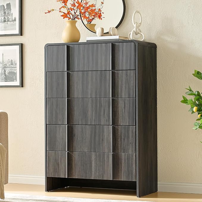 AMERLIFE Fluted 5 Drawer Dresser, 48" Tall Modern Chest of Drawers with Pine Handles, Rounded Corners & Anti-Tip Design, Wood Drawer Organizer for Bedroom, Living Room, Hallway, Black