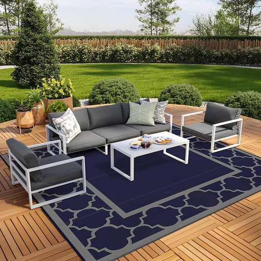 GENIMO 10 'x10 ' Outdoor Rug for Patio Clearance, Waterproof Indoor Outdoor Plastic Straw Rugs Carpet, Reversible Outside Area Rv Mat for Camping, Balcony Porch, Deck, Picnic, Beach (Blue & Grey)