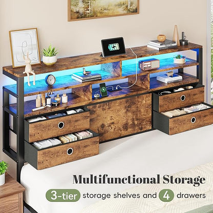Homkdom Bed Frame Queen Size with 3-Tier Storage Headboard and 4 Drawers,Queen Platform Bed Frame with LED Lights & Charging Station,Metal Queen Bed,Noise-Free,Rustic Brown