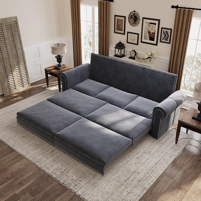 93.7" King Size Sleeper Sofa Bed, Pull Out Sofa Bed, Velvet Upholstery, 3 in 1 Convertible Sleeper Couch, Chaise Lounge, Retro Recliner for Living Room, Office, Apartment, Grey