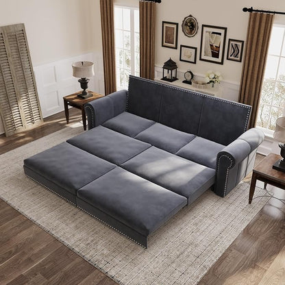 93.7" King Size Sleeper Sofa Bed, Pull Out Sofa Bed, Velvet Upholstery, 3 in 1 Convertible Sleeper Couch, Chaise Lounge, Retro Recliner for Living Room, Office, Apartment, Grey