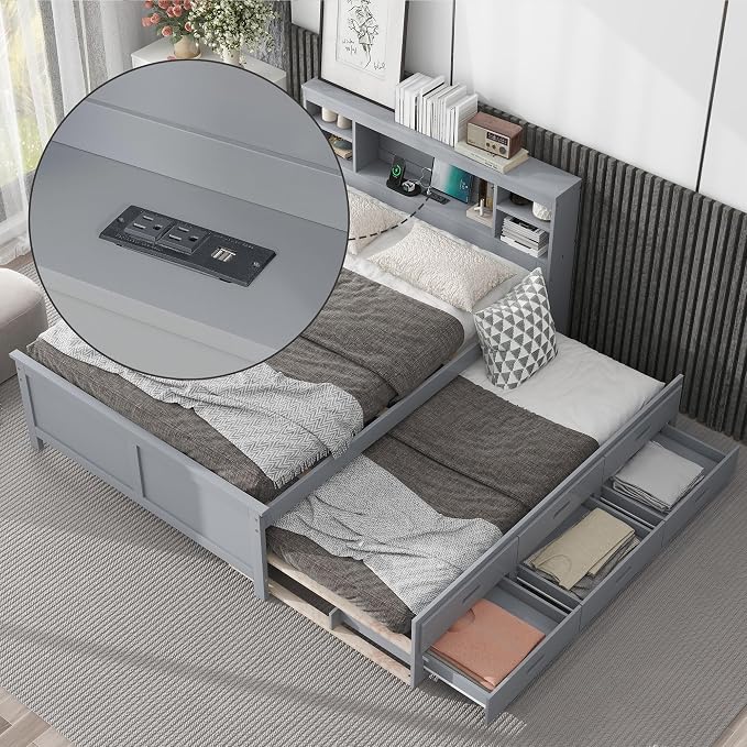Merax Full Size Platform Bed with Storage Headboard, USB, Wood Bedframe with Twin Size Trundle and 3 Drawers, Grey