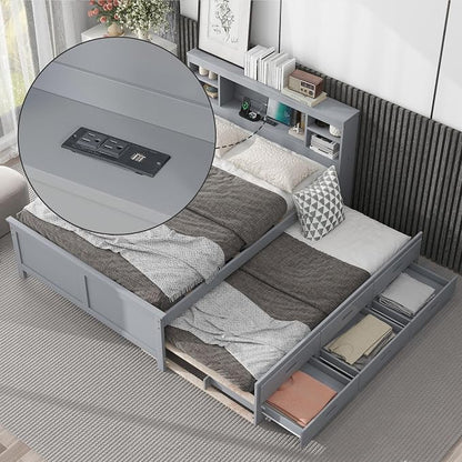 Merax Full Size Platform Bed with Storage Headboard, USB, Wood Bedframe with Twin Size Trundle and 3 Drawers, Grey