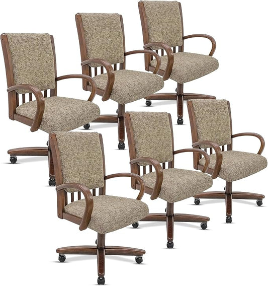 Chromcraft Set of 6 Swivel-Tilt Dining Chairs with Casters, Upholstered Kitchen Chairs with Wooden Arms & Metal Pedestal Base, Premium Foam Comfort, Noriko Earth-Walnut