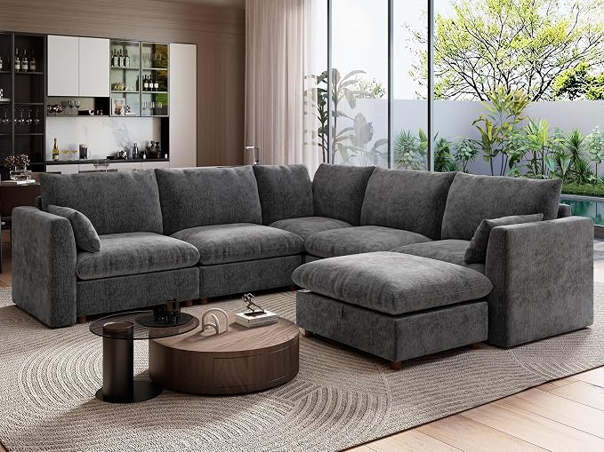 Ihanherry 111" Oversized Modular Sectional Sofa, Modern V Shaped Cloud Couch with Storage Ottoman, 6-Seat Comfy Chenille Deep Seat Sofa with 2 Pillows for Living Room, Grey