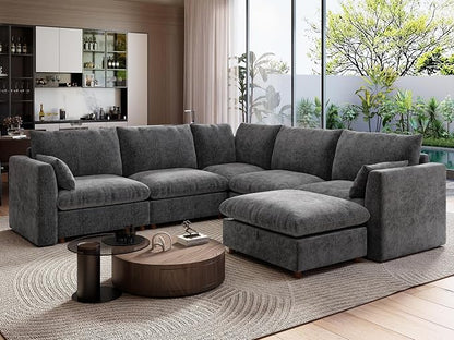 Ihanherry 111" Oversized Modular Sectional Sofa, Modern V Shaped Cloud Couch with Storage Ottoman, 6-Seat Comfy Chenille Deep Seat Sofa with 2 Pillows for Living Room, Grey