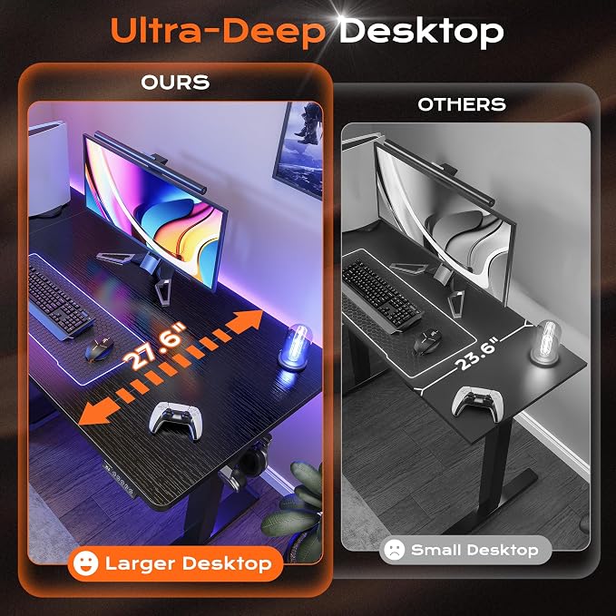 Huuger 55 x 28 Large Electric Standing Desk, Height Adjustable Computer Desk, 27.6" Deep Desktop, Stand up Gaming Office Table with 2 Hooks, 3 Preset Heights, for Home Office, Black