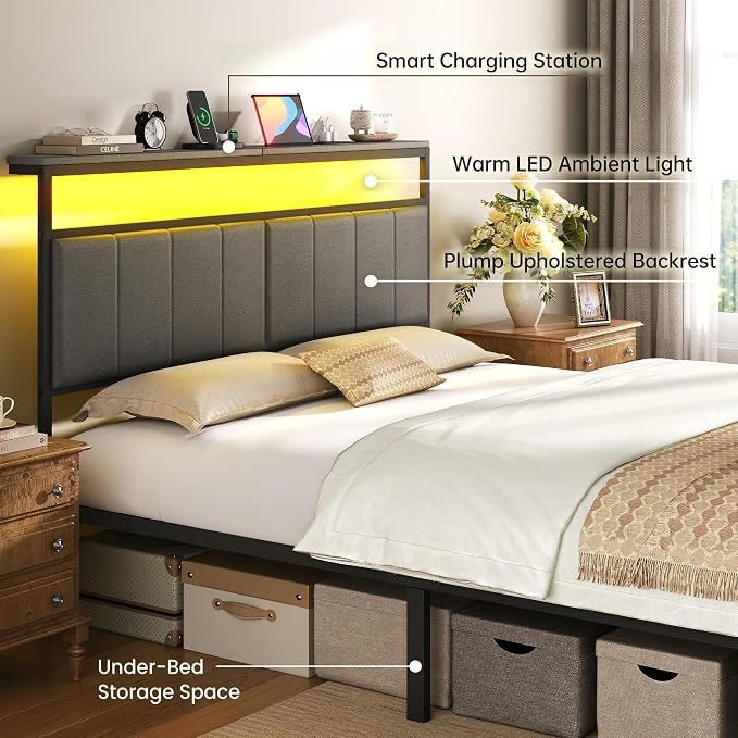 Queen Bed Frame with 2 Storage Drawers, Grey Upholstered | Headboard with Charging Station and LED Lights, Metal Platform Bed with Storage Shelf, Noise Free, No Box Spring Needed