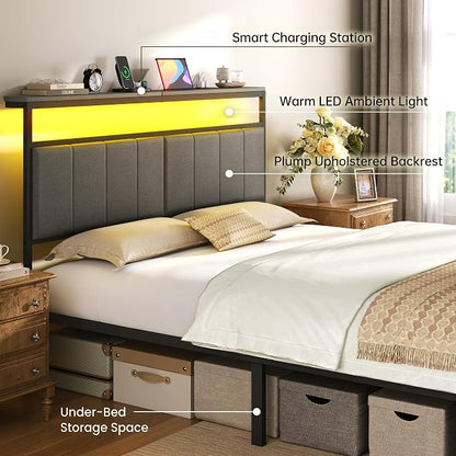 Queen Bed Frame with 2 Storage Drawers, Grey Upholstered | Headboard with Charging Station and LED Lights, Metal Platform Bed with Storage Shelf, Noise Free, No Box Spring Needed