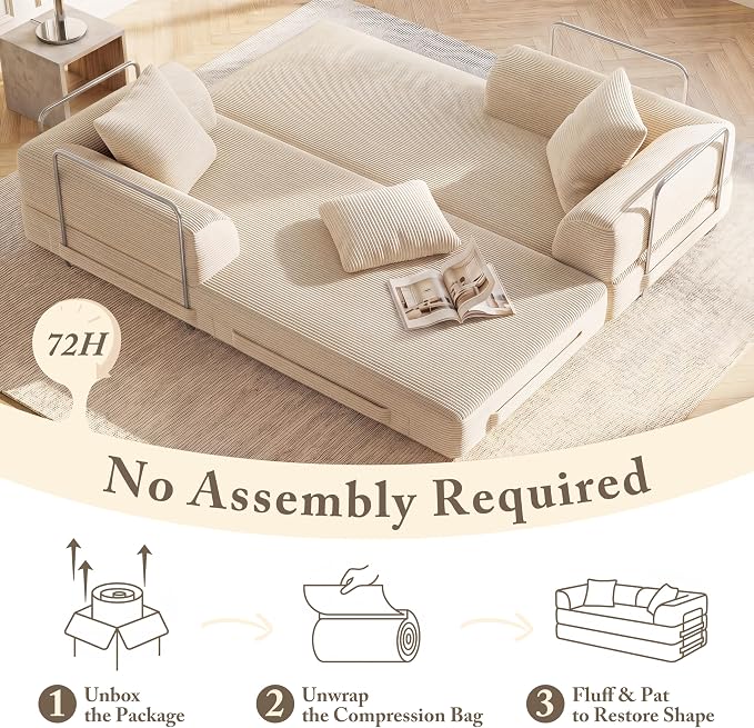 89" Cloud Boneless Convertible Sofa Bed, 5-in-1 Foldable Compressed High-Density Sponge Sofa, Corduroy Fabric 3 Seater Sleeper Couch Futon Daybed for Living Room Bedroom (Beige)