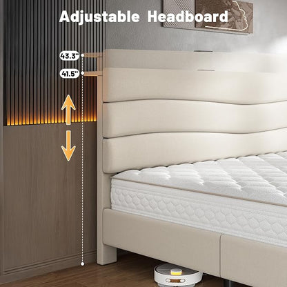 EnHomee Twin Size Bed Frame with Adjustable Height Headboard, Noise-Free Upholstered Platform Bed, No Box Spring Needed,Easy Assembly for Dorm,Beige