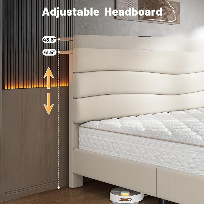 EnHomee Full Size Bed Frame with Adjustable Height Headboard,Upholstered Platform Bed with Charging Stations, Noise-Free,No Box Spring Needed, Easy Assembly,Beige