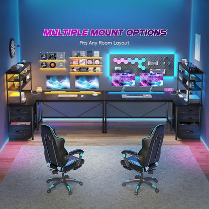 DurayLoly L Shaped Gaming Desk with 3 Fabric Drawers & Shelves for Storage | Reversible Computer Desk with LED Lights, Power Outlet and PC Stand of Home Office Desk for Bedroom,Dorm,Gaming Room,Black