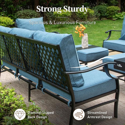 SUNSHINE VALLEY Metal Patio Sofa with 5.75" Extra Thick Cushion, 3-Seater Deep Seating & High-Back Outdoor Couch All Weather Outdoor Seating Furniture for Backyard Deck Porch, Denim Blue