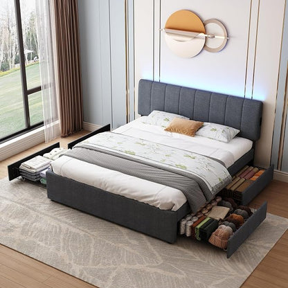 King Size Upholstered Platform Bed with 4 Storage Drawers | 4 Storage Drawers, USB/Type-C Charging,APP-Controlled LED Lights,No Box Spring Needed,Dark Grey Linen Fabric,Easy to Assemble