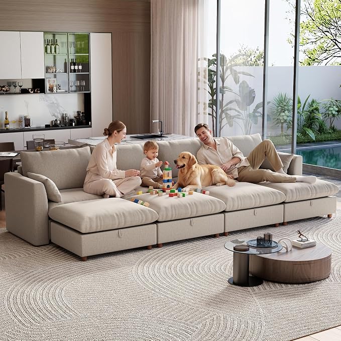 Ihanherry 152" Oversized Modular Sectional Sofa, Modern Cloud Couch with 4 Storage Ottoman, 8-Seat Comfy Chenille Deep Seat Sofa with 2 Pillows for Living Room, Khaki