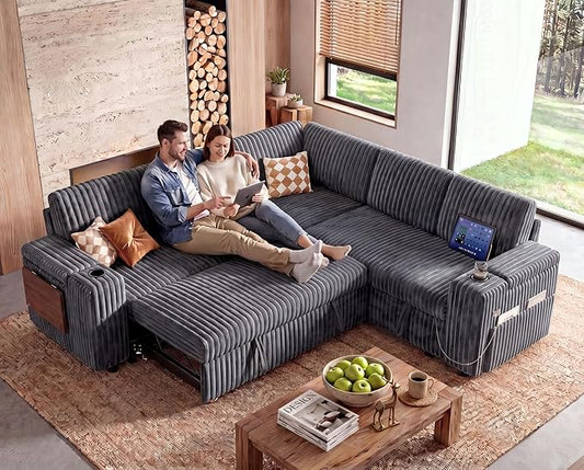WEUP 86" Modular Sectional Sleeper Sofa with Pull Out Bed, 5 Seat Plush Corduroy L Shaped Couch with USB Ports|Cup Holders|Side Table|Storage Seat Armrests, Tool Free Assembly, Grey