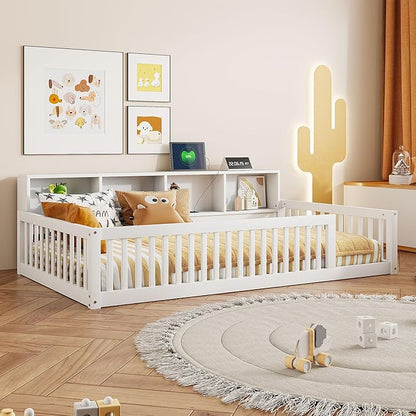 Bellemave Kids Montessori Floor Bed Twin XL Size,Floor Bed Frame with Bookcase and Charging Station for Kids Boys Girls,White