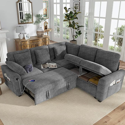 Hanherry Sectional Couch with Pull Out Sofa Bed,Corduroy Sleeper Sofa with 2 Seat Storage & USB Charging,Comfy L Shaped Modular Couches for Living Room,Apartment