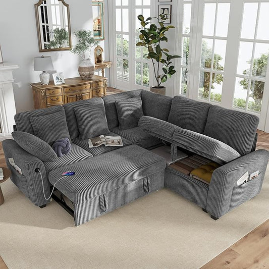 Hanherry Sectional Couch with Pull Out Sofa Bed,Corduroy Sleeper Sofa with 2 Seat Storage & USB Charging,Comfy L Shaped Modular Couches for Living Room,Apartment