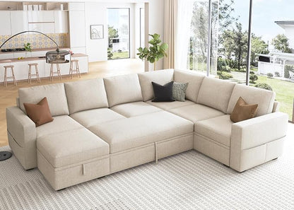 HONBAY Modular Sectional Sleeper Sofa with Pull Out Bed, U Shaped Sectional Couch with Storage Ottoman, Sleeper Sectional Couches for Living Room, Beige