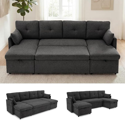 Huatean Home Oversized Sleeper Sofa Couch, 100 inch 2 in 1 Pullout Couch Bed with Side Pockets for Living Room, Sectional Sleeper Sofa Bed with Double Storage Chaise, Black