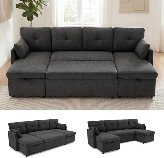 Huatean Home Oversized Sleeper Sofa Couch, 100 inch 2 in 1 Pullout Couch Bed with Side Pockets for Living Room, Sectional Sleeper Sofa Bed with Double Storage Chaise, Black