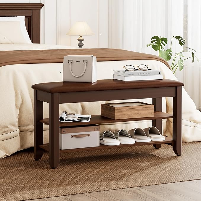 Homleke 2-Tier Solid Wood Shoe Rack Bench with Flip-Top Storage | Entryway Bench with Cushion, Adjustable Shelf, Holds Up to 8 Pairs, for Hallway, Bedroom and Closet, Walnut, 31.5 Inch