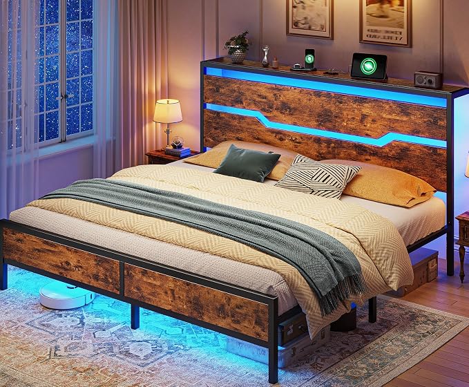 Homkdom King Size Bed Frame with USB Ports & LED Lights, Headboard Shelf, Heavy Duty Metal Platform with 10.24" Underbed Storage, Noise-Free Slats, No Box Spring Needed, Modern Brown