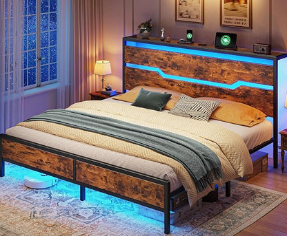 Homkdom King Size Bed Frame with USB Ports & LED Lights, Headboard Shelf, Heavy Duty Metal Platform with 10.24" Underbed Storage, Noise-Free Slats, No Box Spring Needed, Modern Brown