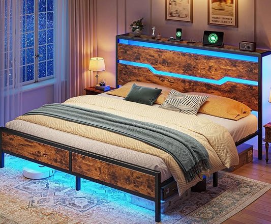 Homkdom King Size Bed Frame with USB Ports & LED Lights, Headboard Shelf, Heavy Duty Metal Platform with 10.24" Underbed Storage, Noise-Free Slats, No Box Spring Needed, Modern Brown