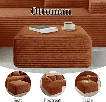 Corduroy Ottoman, Modern Boneless Cloud Foot Rest Foam Support, Oversized Modular Sectional Sofa Rectangel Stool for Living Room, Bedroom & Small Spaces, No Assembly Required (Orange, Ottoman)