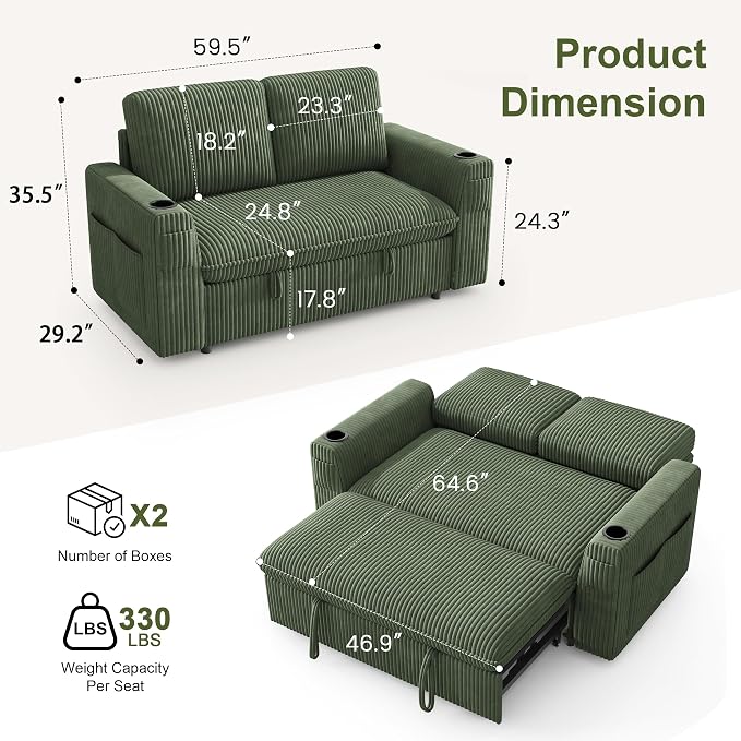 Sleeper Sofa with Pull Out Bed, Plush Corduroy Convertible Sofa Bed with Adjustable Backrest and Cup Holders, Loveseat Sleeper Couches for Living Room, Apartment, Green