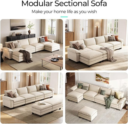 LINSY HOME 157'' Modular Sectional Sofa 4 Seat Couch Corduroy Cloud Couch with Deep Seat, Modern U-Shaped Cloud Couch with 2 Movable Ottoman for Living Room, Office, Bedroom, Beige