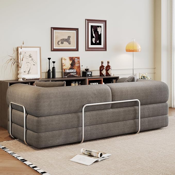 JINGLING 79" Queen Sleeper Sofa Bed with Memory Foam, Compressed Couch in a Box, Foldable Convertible Small Couches for Small Spaces Bedroom Game Room, Corduroy Fabric, Grey