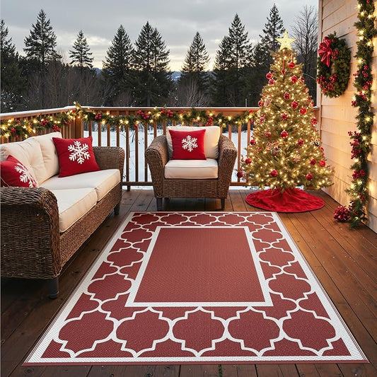 GENIMO 5' x 8' Outdoor Rug Waterproof for Patio Decor, Foldable Reversible Plastic Straw Area Rugs Mat for Camper, Outside Carpet for Rv, Deck, Porch, Picnic, Beach, Balcony, Red & White