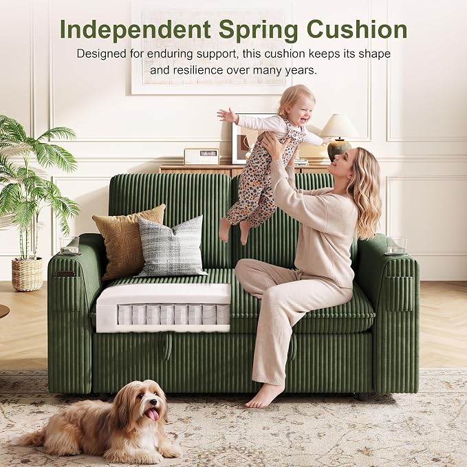 Sleeper Sofa with Pull Out Bed, Plush Corduroy Convertible Sofa Bed with Adjustable Backrest and Cup Holders, Loveseat Sleeper Couches for Living Room, Apartment, Green